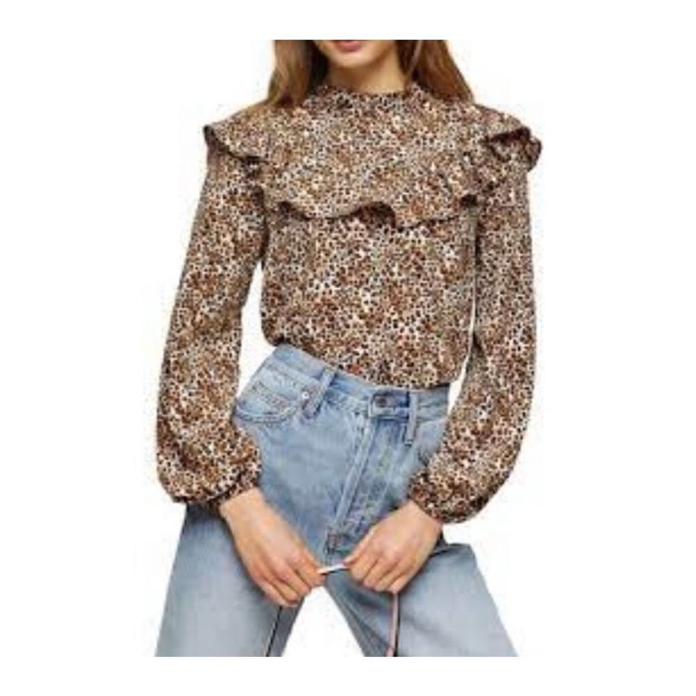 NWT Topshop Animal Print Ruffle Yoke Blouse Top Size 10